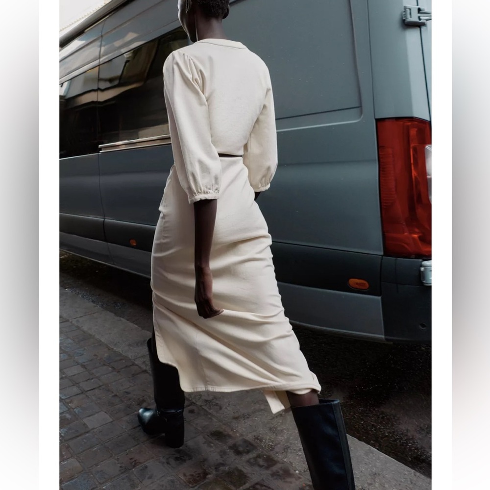 Zara Cream Midi Dress with Belt - Picture 6 of 11